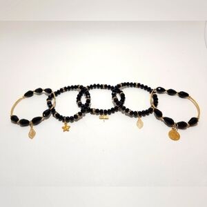 Bracelet Set 5 Pieces Black Acrylic Goldtone with Charms and Rhinestones Sz 7.5